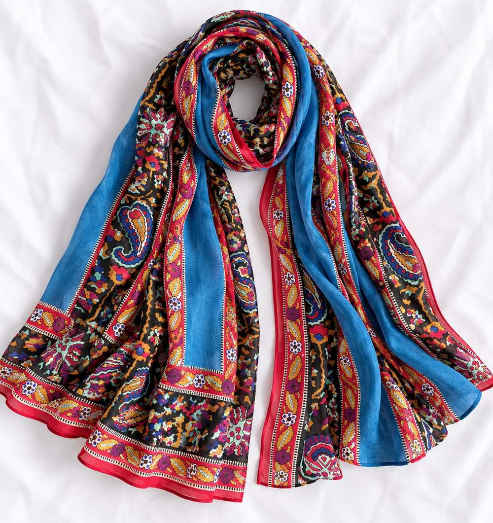 Unbranded Bohemian Floral Paisley Print Long Scarf Blue Red Black